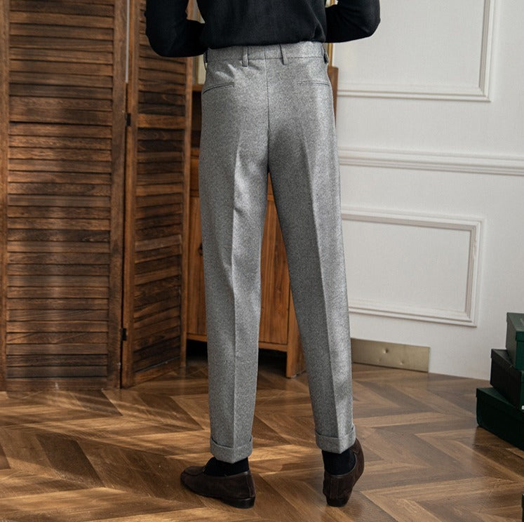 Men's High-Waisted Trousers with Side Buckle and Front Pleats