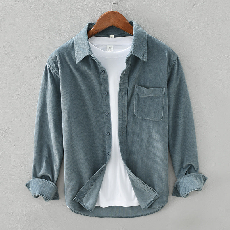 Corduroy Shirt with Buttons and Chest Pocket for Men