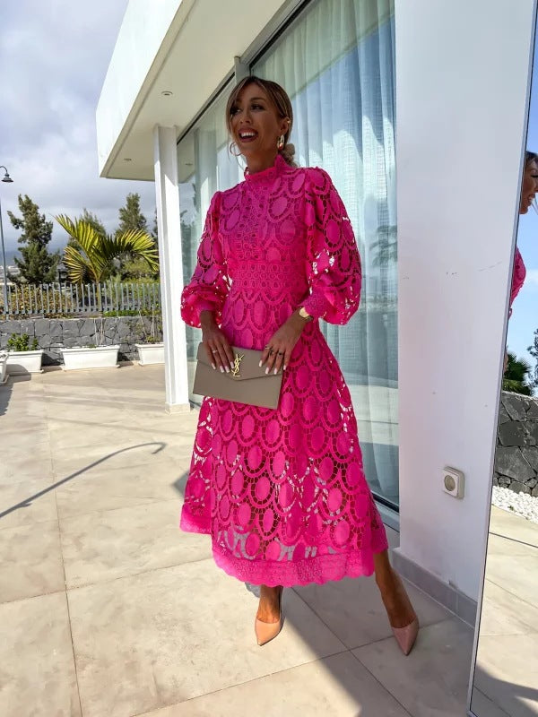 Women’s Midi Dress with Long Sleeves and High Neck