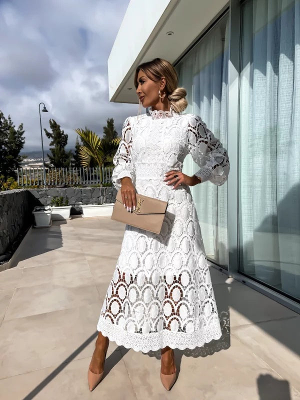 Women’s Midi Dress with Long Sleeves and High Neck