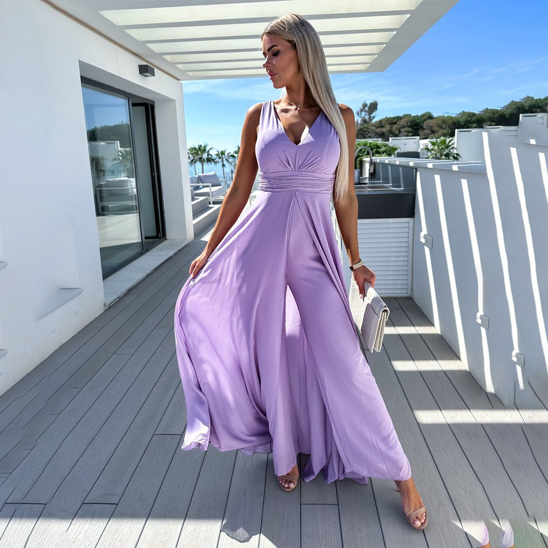 Women’s V-Neck Palazzo Jumpsuit with Back Skirt Overlay