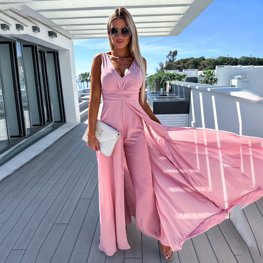 Women’s V-Neck Palazzo Jumpsuit with Back Skirt Overlay