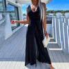 Women’s V-Neck Palazzo Jumpsuit with Back Skirt Overlay