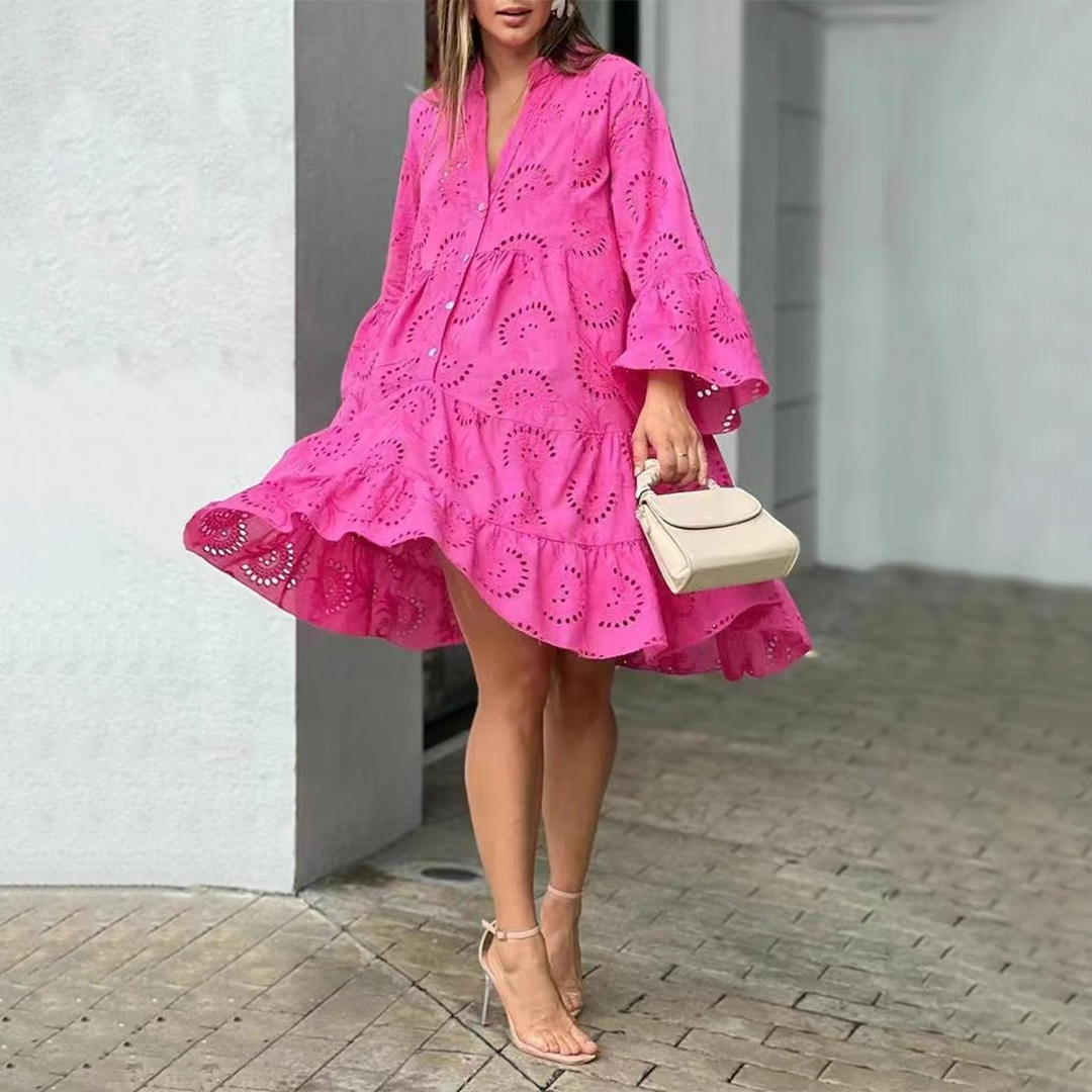 Women’s Mini Dress with Eyelet Fabric and Bell Sleeves
