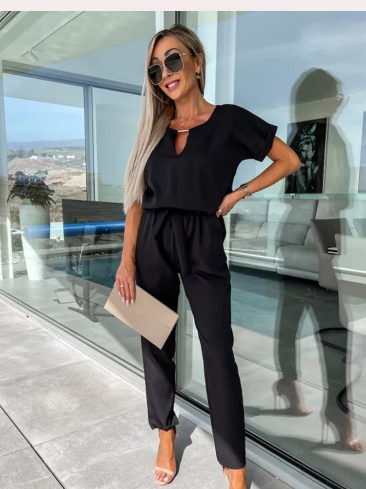 Short Sleeve Jumpsuit with Belt for Women