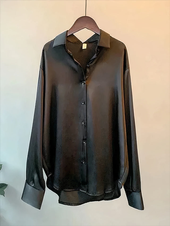 Women’s Satin Blouse with Long Sleeves and Button Collar