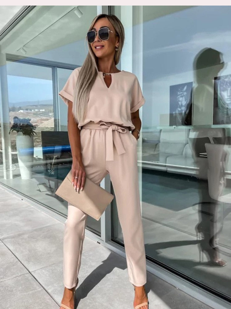 Short Sleeve Jumpsuit with Belt for Women
