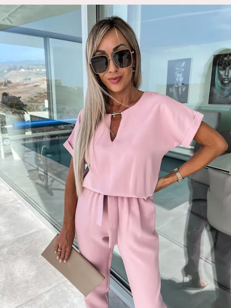 Short Sleeve Jumpsuit with Belt for Women