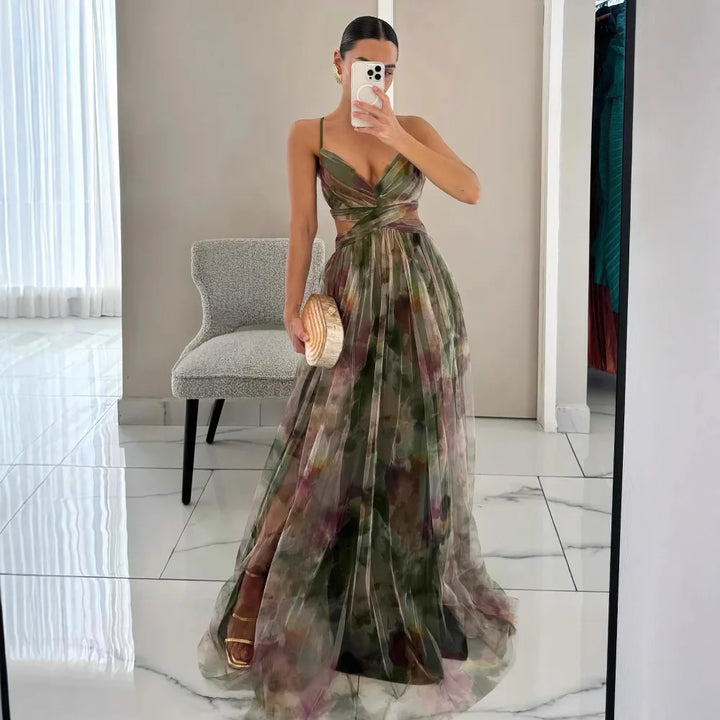 Women’s Sleeveless Long Dress with V-Neck and Floral Pattern