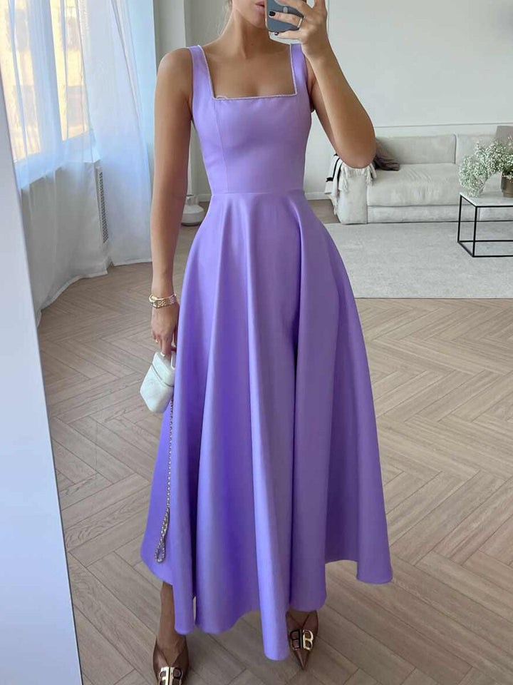 Women’s Summer Midi Dress with Square Neck and Sleeveless Cut