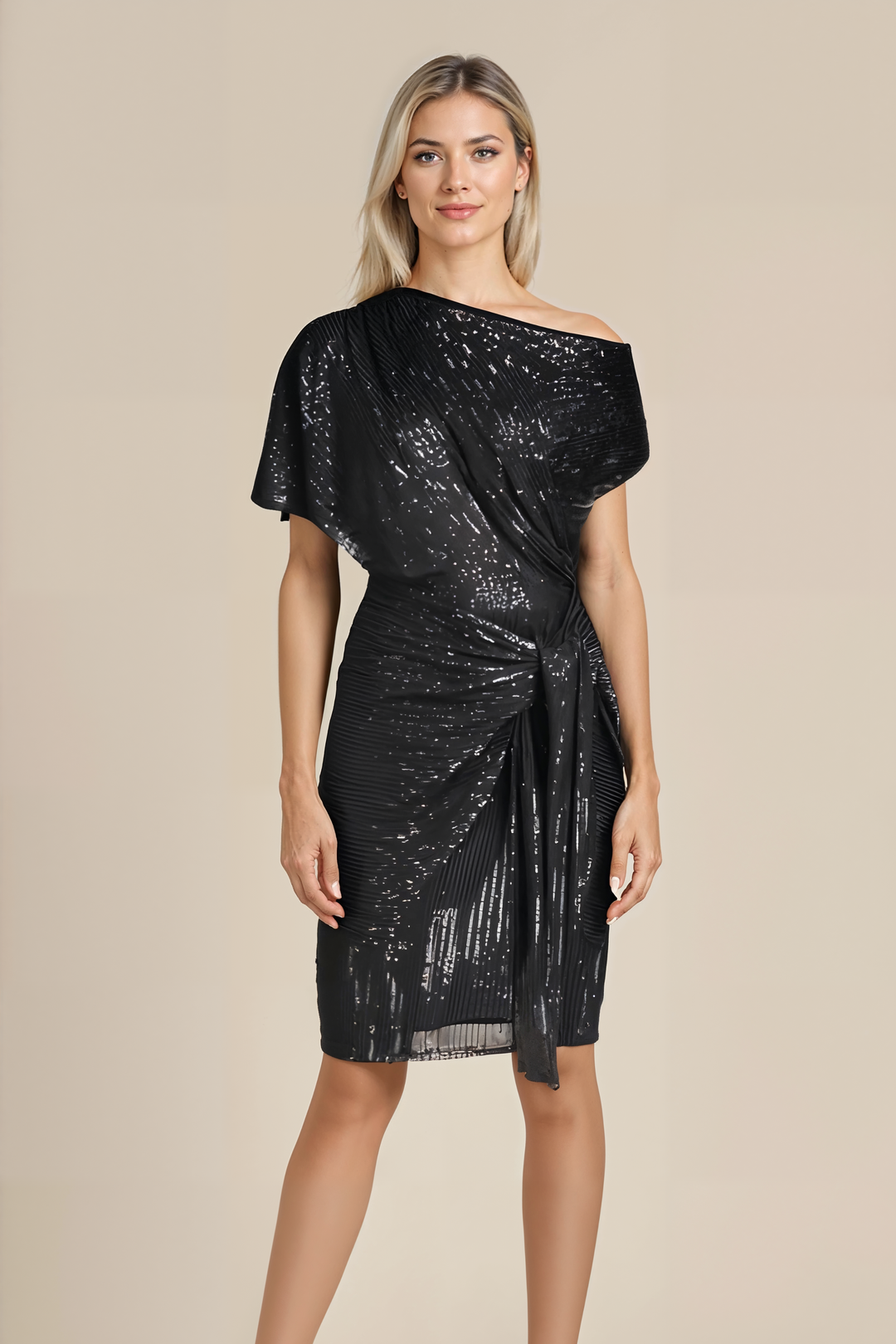 Women's Asymmetrical Midi Dress with Sequined and Ruched Waist