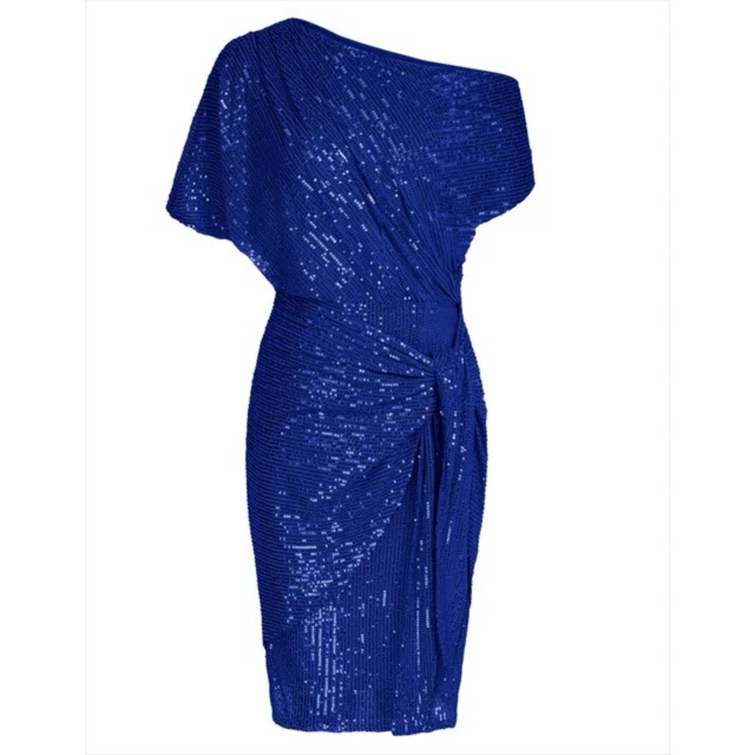 Women's Asymmetrical Midi Dress with Sequined and Ruched Waist