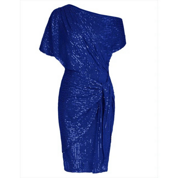 Women's Asymmetrical Midi Dress with Sequined and Ruched Waist