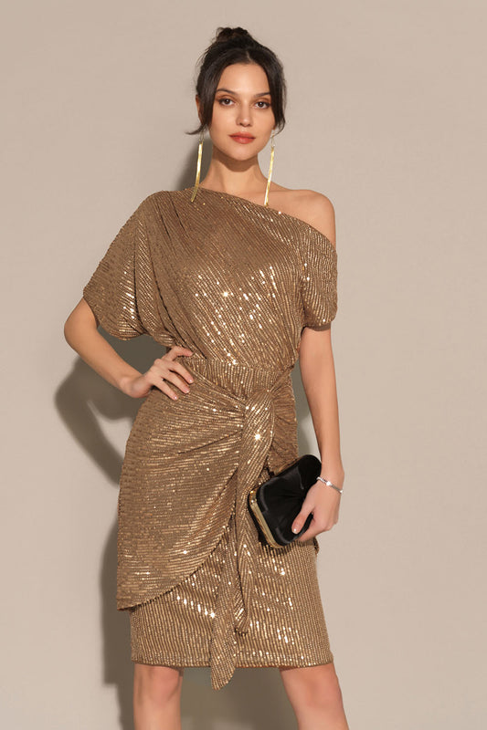 Women's Asymmetrical Midi Dress with Sequined and Ruched Waist