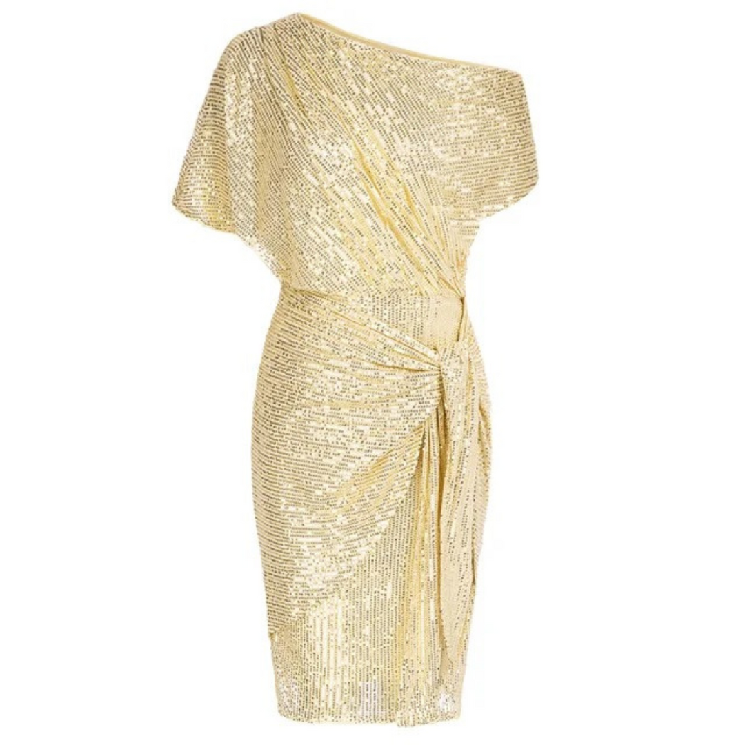 Women's Asymmetrical Midi Dress with Sequined and Ruched Waist