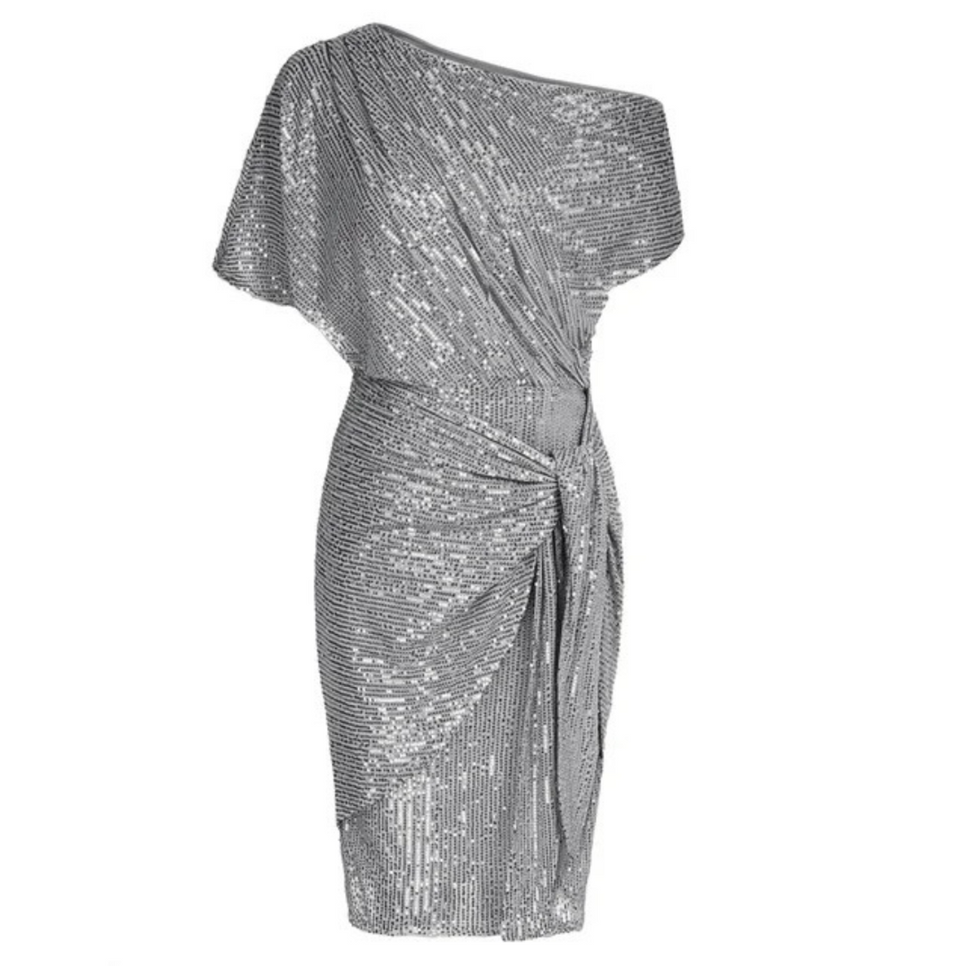 Women's Asymmetrical Midi Dress with Sequined and Ruched Waist