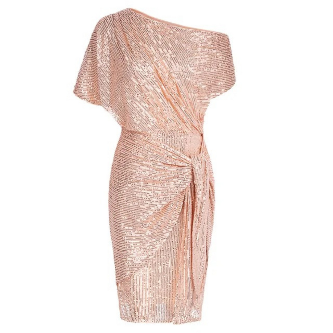 Women's Asymmetrical Midi Dress with Sequined and Ruched Waist