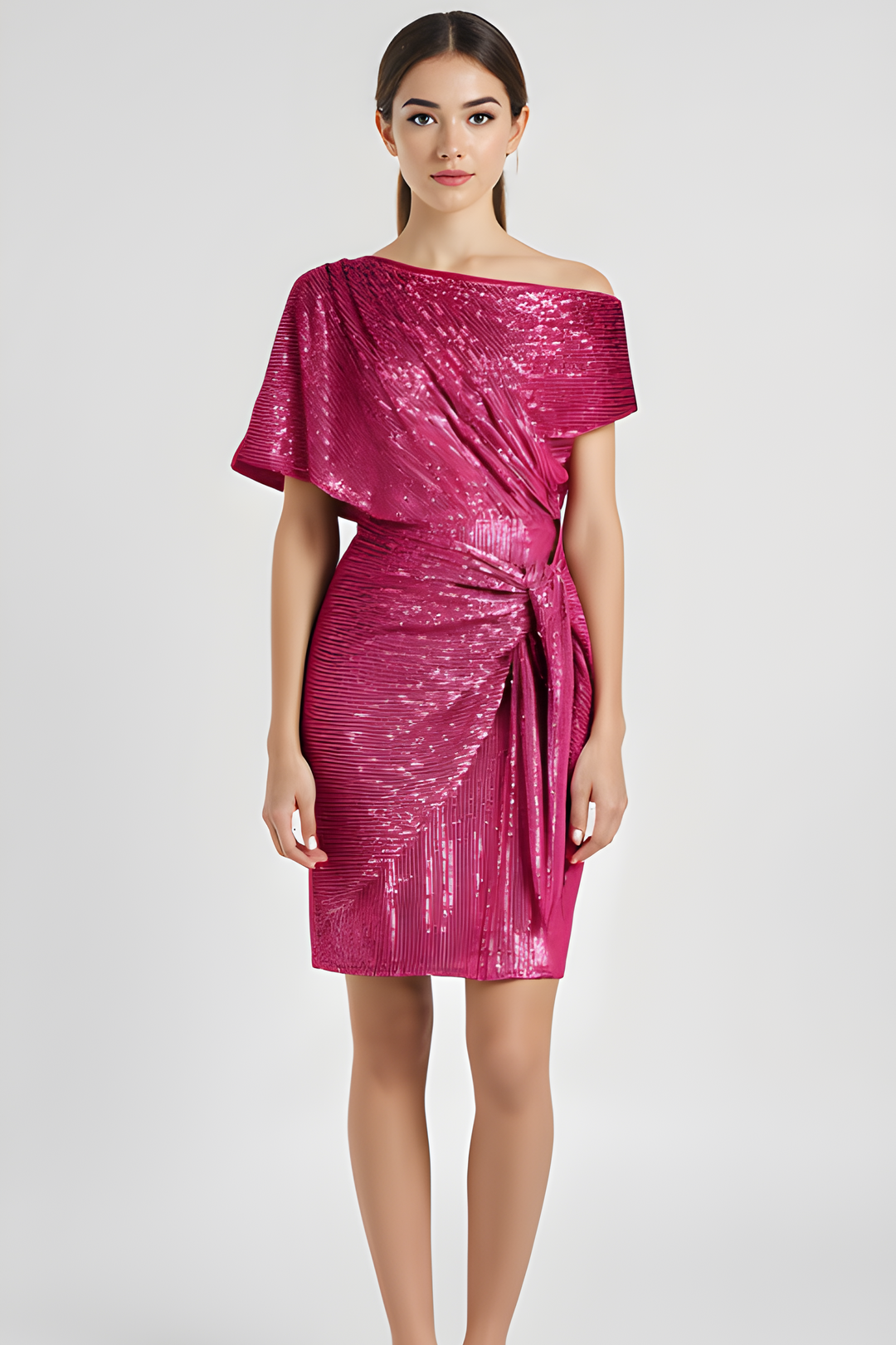 Women's Asymmetrical Midi Dress with Sequined and Ruched Waist