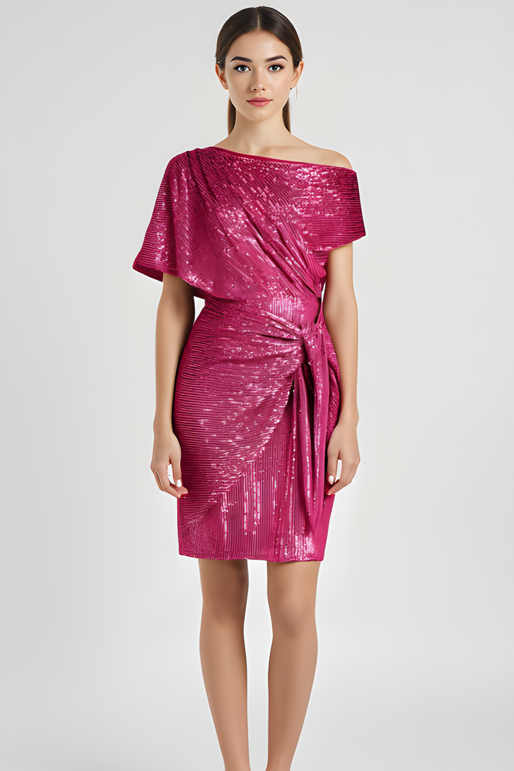 Women's Asymmetrical Midi Dress with Sequined and Ruched Waist