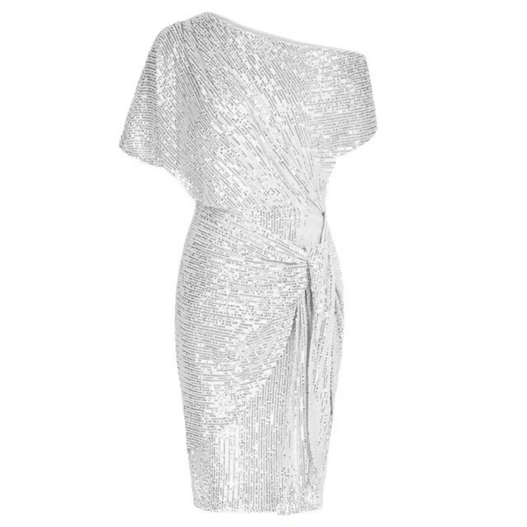 Women's Asymmetrical Midi Dress with Sequined and Ruched Waist