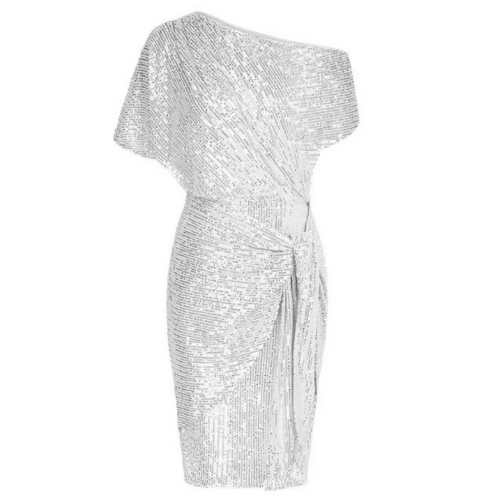 Women's Asymmetrical Midi Dress with Sequined and Ruched Waist