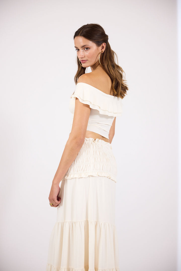 Women's Boho Set with Off Shoulder Top and Smocked Skirt