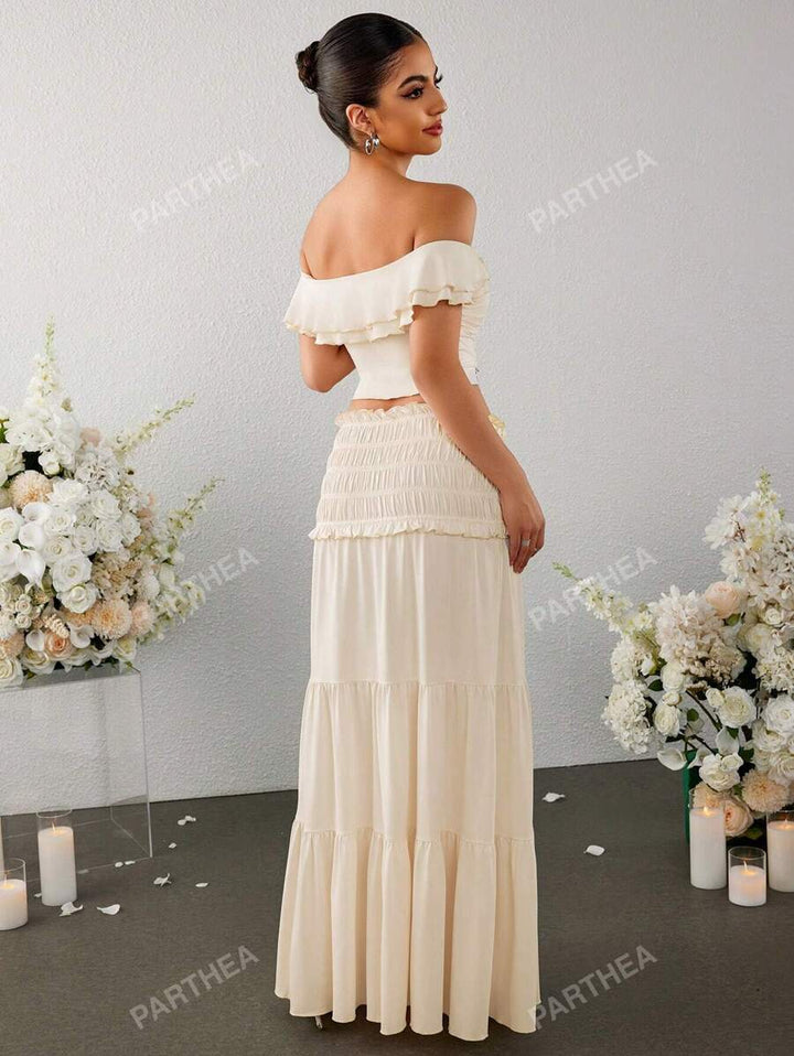Women's Boho Set with Off Shoulder Top and Smocked Skirt