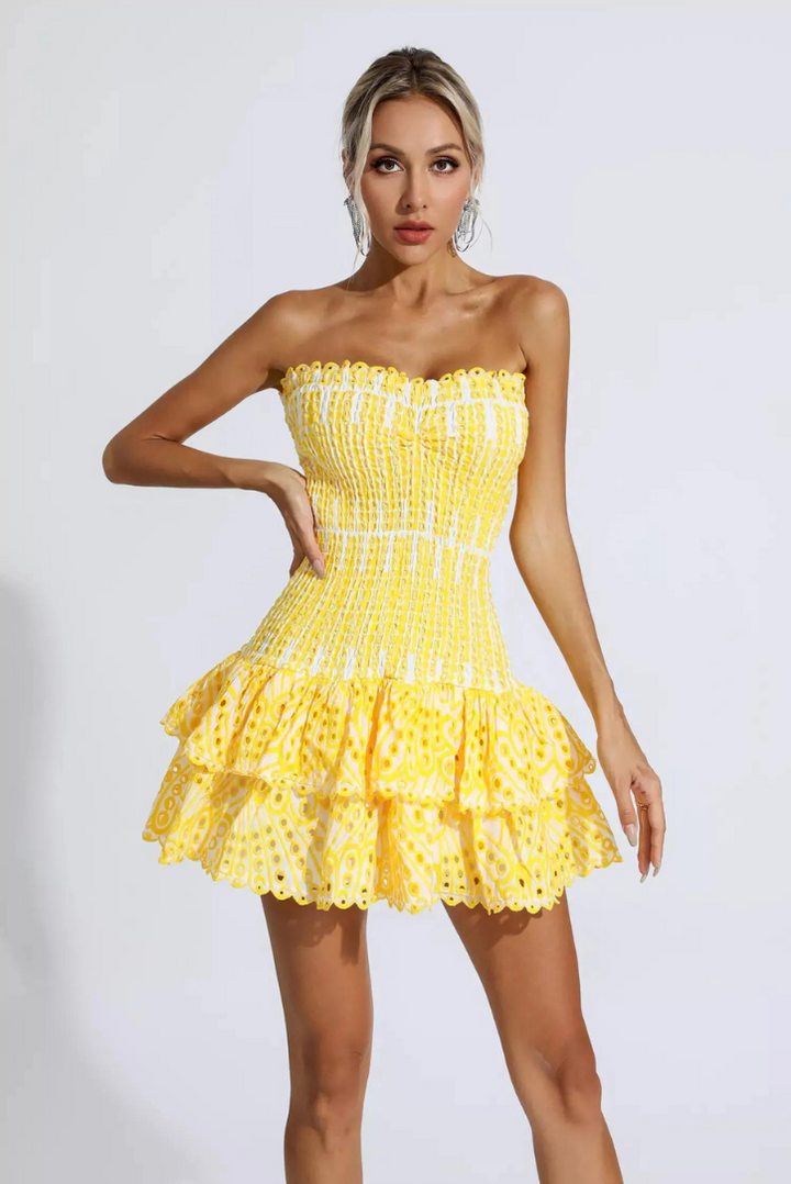 Women's Embroidered Smocked Mini Dress with Ruffled Hem and Strapless