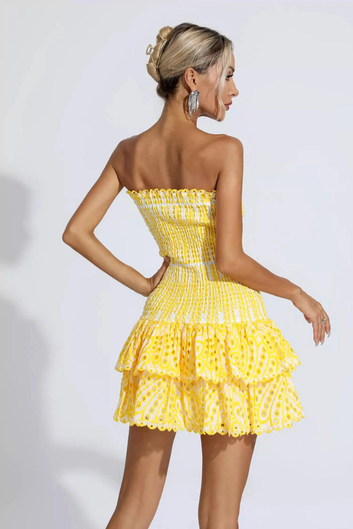 Women's Embroidered Smocked Mini Dress with Ruffled Hem and Strapless