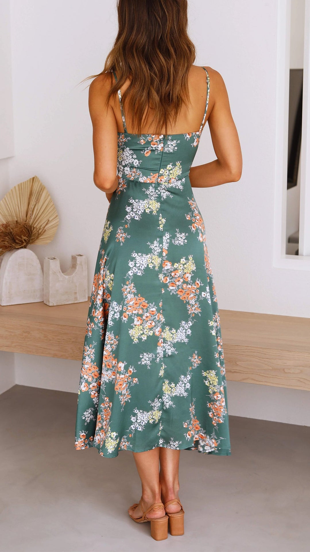 Women's Floral Cutout Midi Dress with Tie Front and Side Slit