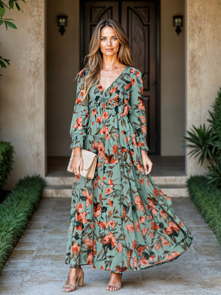 Women's Floral Empire Waist Maxi Dress with V-Neck and Long Sleeves