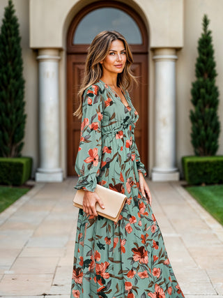 Women's Floral Empire Waist Maxi Dress with V-Neck and Long Sleeves
