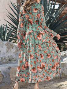 Women's Floral Empire Waist Maxi Dress with V-Neck and Long Sleeves