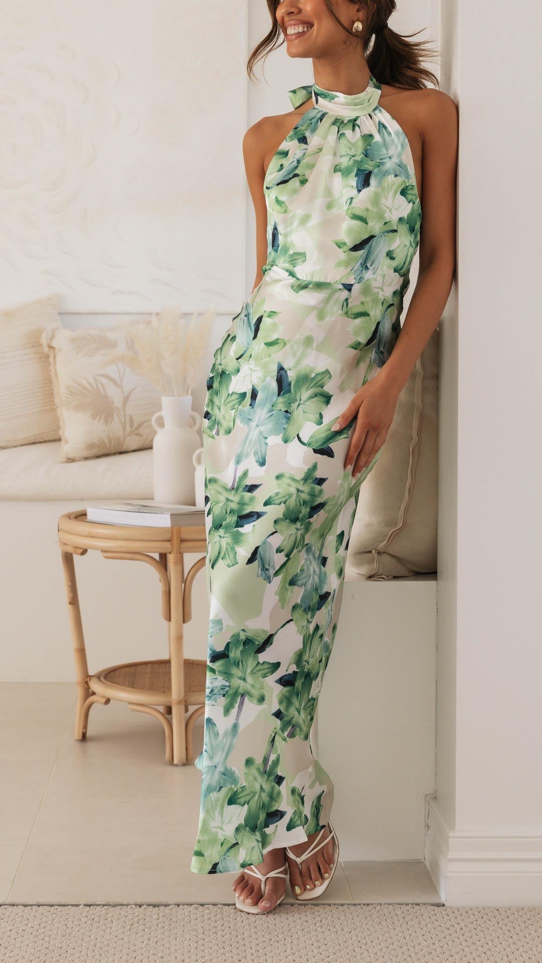 Women's Floral Maxi Dress with Halter Neck and Tie Knot at the Back