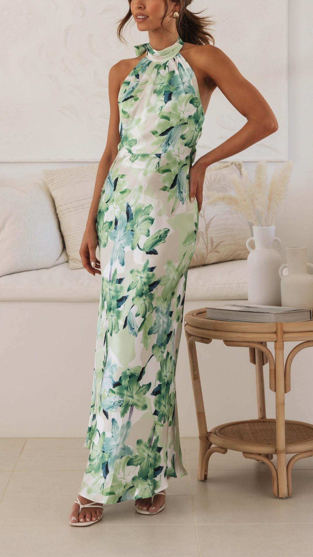 Women's Floral Maxi Dress with Halter Neck and Tie Knot at the Back
