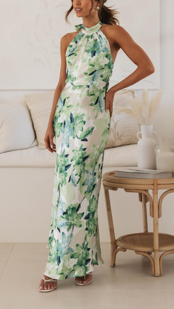Women's Floral Maxi Dress with Halter Neck and Tie Knot at the Back
