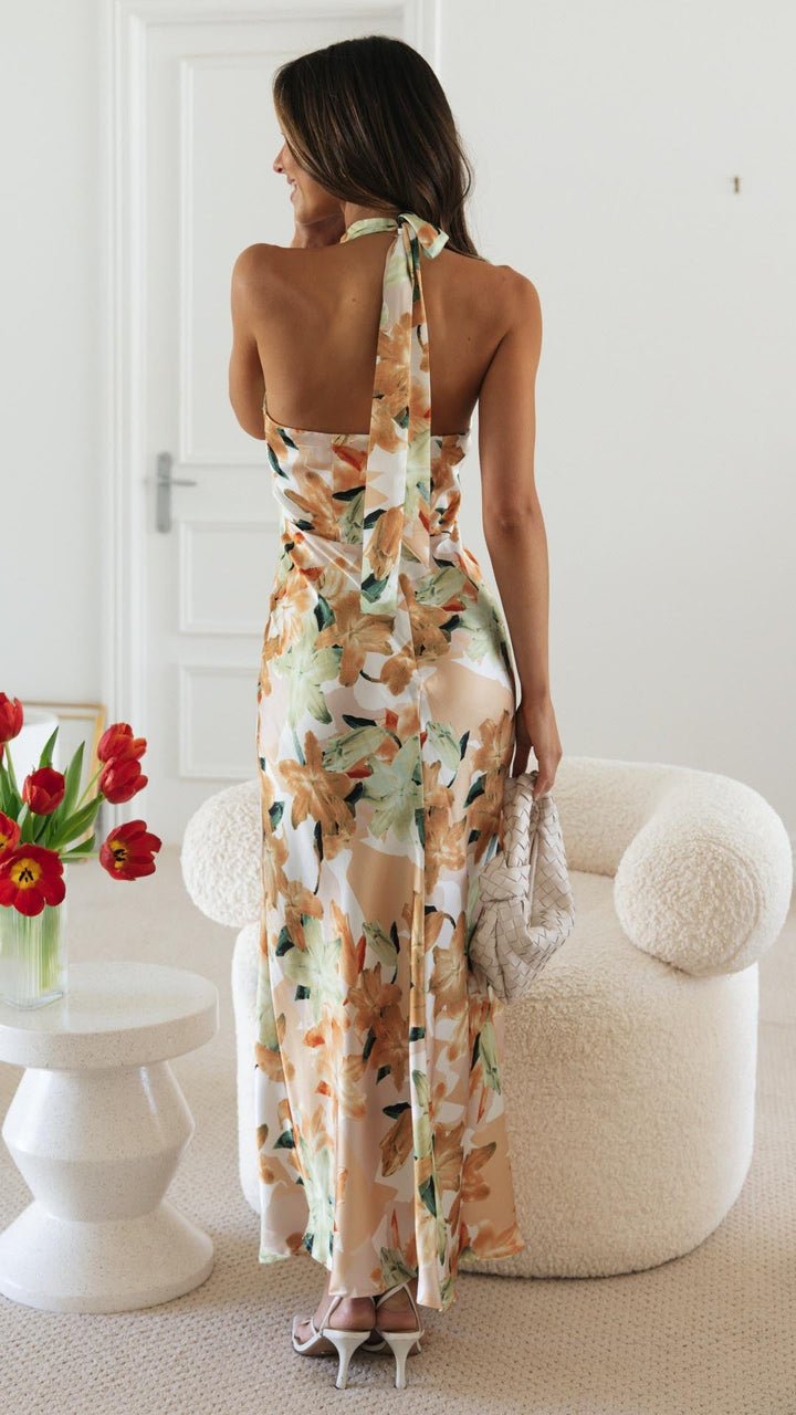 Women's Floral Maxi Dress with Halter Neck and Tie Knot at the Back