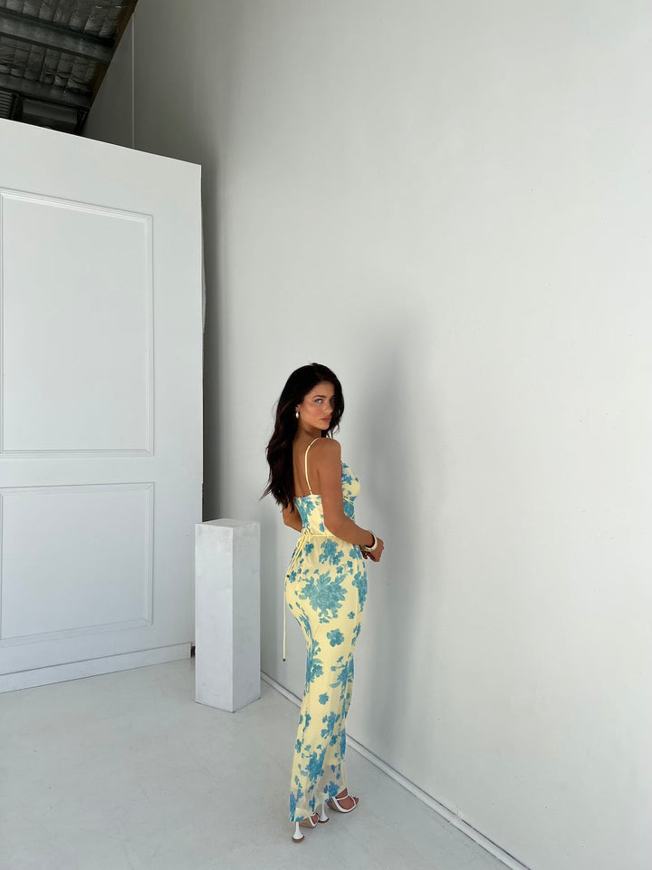 Women's Floral Maxi Dress with Spaghetti Straps and Waist Tie