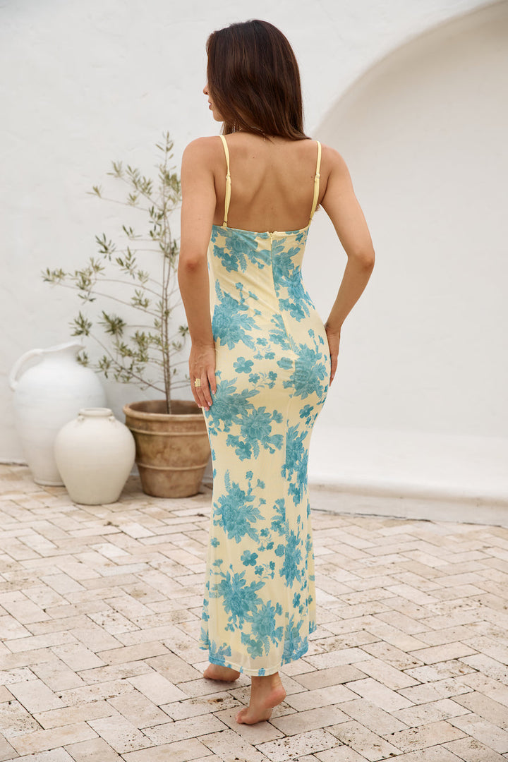 Women's Floral Maxi Dress with Spaghetti Straps and Waist Tie