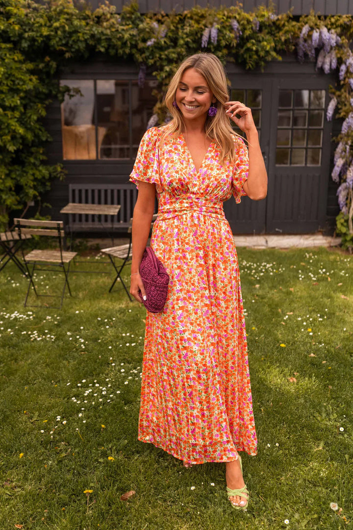 Women's Floral Maxi Dress with V-neck and Pleated Waist