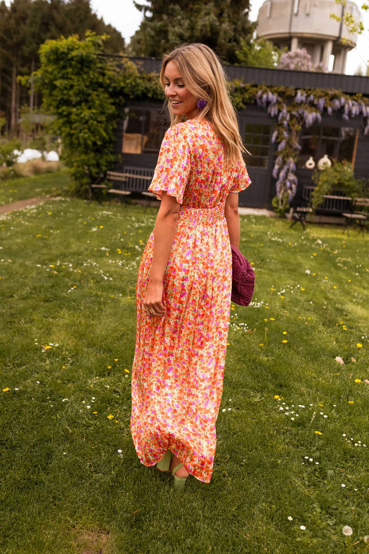 Women's Floral Maxi Dress with V-neck and Pleated Waist
