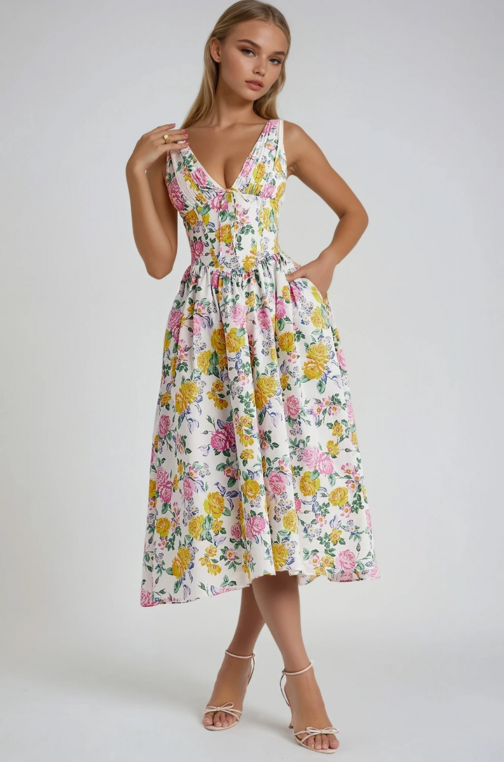 Women's Floral Midi Dress with Deep V-neck and Sleeveless