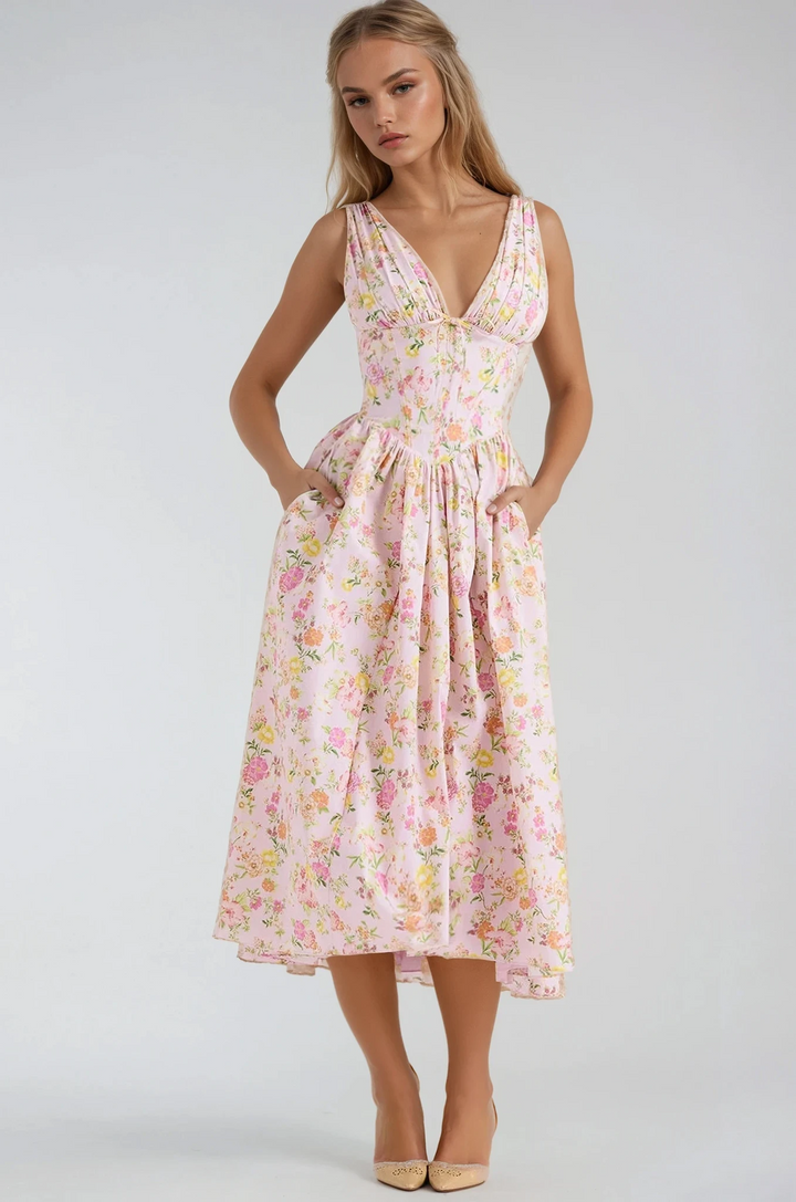 Women's Floral Midi Dress with Deep V-neck and Sleeveless