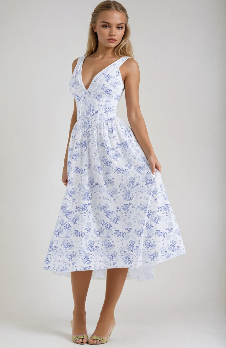 Women's Floral Midi Dress with Deep V-neck and Sleeveless