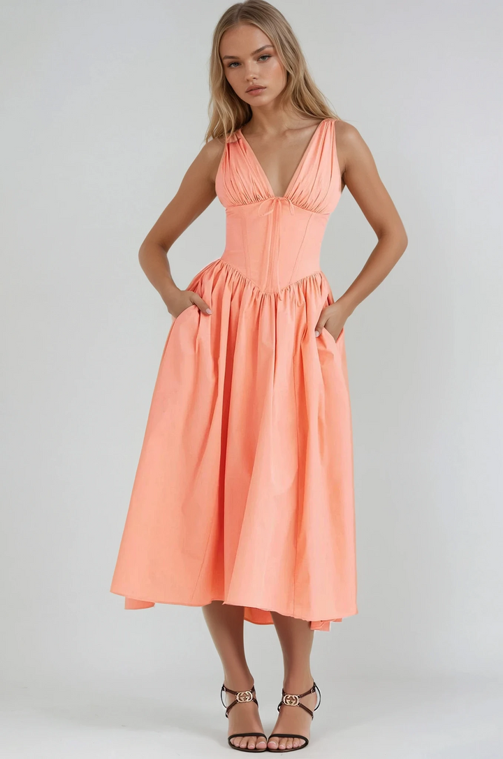 Women's Floral Midi Dress with Deep V-neck and Sleeveless