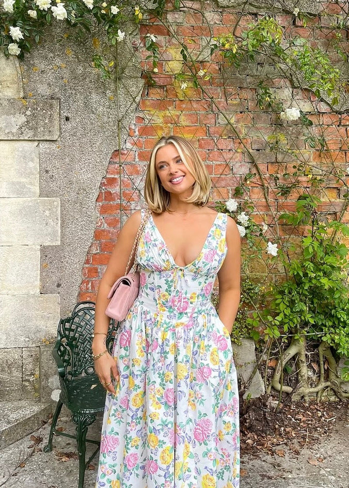 Women's Floral Midi Dress with Deep V-neck and Sleeveless