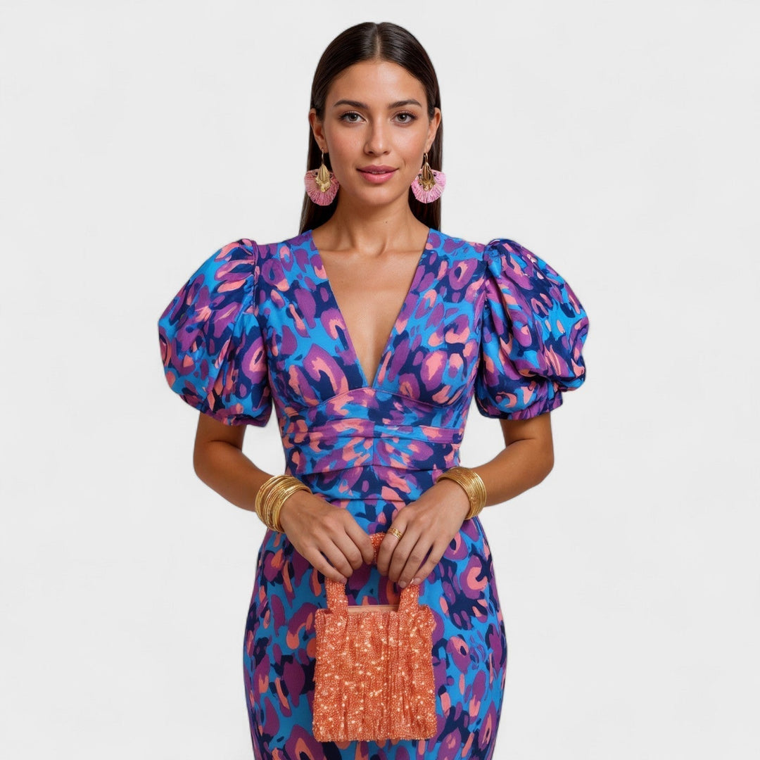 Women's Floral Midi Dress with V-neck and Short Puff Sleeves
