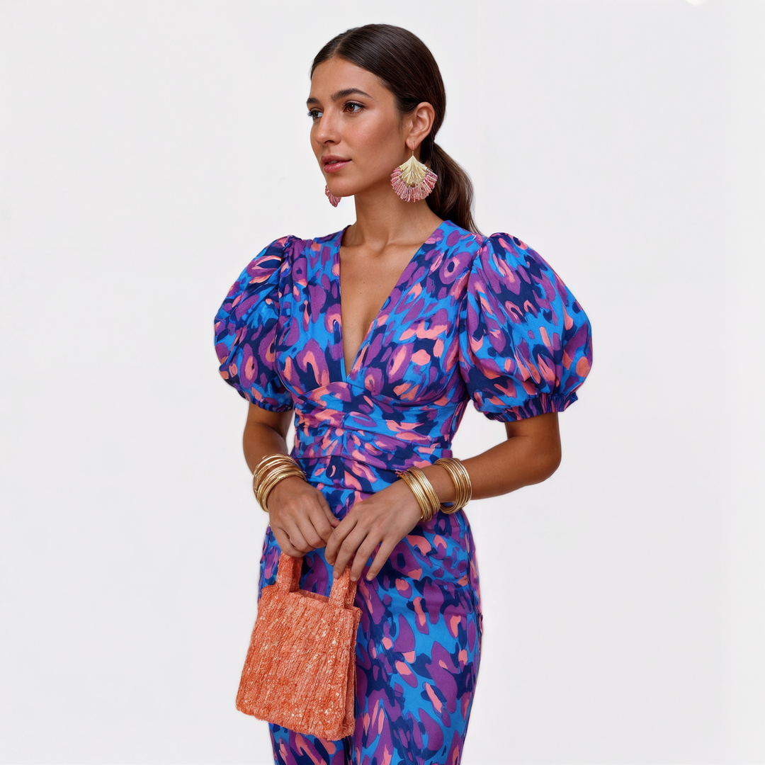Women's Floral Midi Dress with V-neck and Short Puff Sleeves