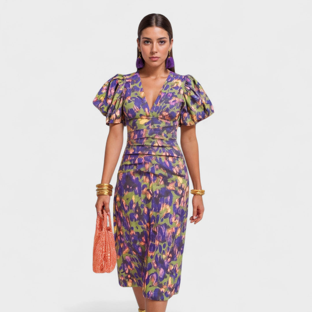 Women's Floral Midi Dress with V-neck and Short Puff Sleeves