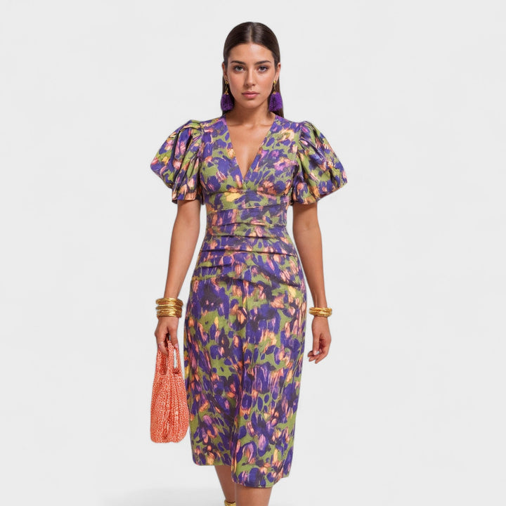 Women's Floral Midi Dress with V-neck and Short Puff Sleeves